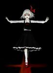  dark darkness fangs hair_ribbon monochrome outstretched_arms red_eyes ribbon rumia sawa_(textic) short_hair solo spot_color spread_arms touhou 