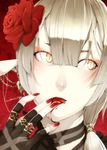  bangs blood blood_on_face choker earrings eyeshadow face fingerless_gloves flower gloves hair_flower hair_ornament jewelry kyo_(kuroichigo) licking_lips lipstick makeup nail_polish original pale_skin ponytail red_lipstick red_nails ring rose silver_hair slit_pupils solo tongue tongue_out vampire yellow_eyes 