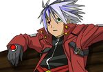  1boy bad_id bad_pixiv_id blazblue edward_elric fullmetal_alchemist gloves green_eyes heterochromia leaning male_focus meme parody ragna_the_bloodedge red_eyes silver_hair solo spiked_hair trench_coat 