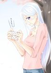  akasuga_moyashi blue_eyes cherry_blossoms contemporary handheld_game_console kisara long_hair petals playing_games playstation_portable smile solo video_game white_hair yuu-gi-ou yuu-gi-ou_duel_monsters 