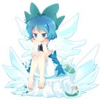  barefoot bloomers blue_eyes blue_hair chaba_(hortensia) cirno feet flower frog ice short_hair solo touhou underwear wings 