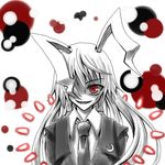  @_@ animal_ears blazer blood bullet bunny_ears crazy_smile danmaku horror_(theme) jacket kisaragi_you long_hair lowres monochrome necktie one-eyed red_eyes reisen_udongein_inaba solo spot_color touhou 