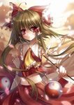  brown_hair detached_sleeves gohei hakurei_reimu petals red_eyes rie_(reverie) solo touhou yin_yang 