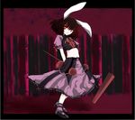  alternate_costume animal_ears arms_behind_back atoshi black_hair bunny_ears crop_top hammer highres inaba_tewi kine mallet mary_janes midriff red_eyes red_hair shoes short_hair skirt slit_pupils smile solo standing touhou 