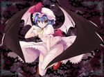  bat_wings between_legs blue_hair floating frame hand_between_legs hand_on_own_chest hat legs orange_eyes remilia_scarlet short_hair smile solo thighhighs touhou utakata_(kochou_no_yume) wings 