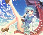  aqua_nails bad_id bad_pixiv_id blue_eyes blue_hair danmaku feet geta heterochromia karakasa_obake nail_polish purple_umbrella red_eyes sandals short_hair solo sousouman tatara_kogasa toenail_polish tongue touhou umbrella 