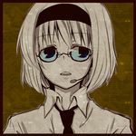  alice_margatroid bad_id bad_pixiv_id bespectacled blue_eyes glasses grey_hair headset highres monochrome necktie short_hair solo spot_color touhou yjy 