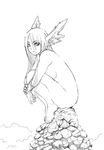  barefoot breast_press breasts butcherboy copyright_request feet greyscale head_wings large_breasts leg_hug long_hair monochrome nude sitting sketch solo 