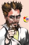  beard brown_eyes brown_hair facial_hair glasses labcoat male_focus mikhail_sergeyevich_cossack pointing realistic rockman rockman_(classic) solo 