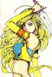  blonde_hair celes_chere detached_sleeves final_fantasy final_fantasy_vi green_eyes long_hair marker_(medium) midriff paint_(medium) sayococco solo sword traditional_media weapon 