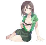  arm_support bare_legs barefoot blush bra breasts brown_eyes brown_hair long_hair maigoyaki medium_breasts open_clothes open_shirt original plaid plaid_bra shirt sitting skirt solo underwear yokozuwari 