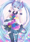  alicetype blue_eyes blue_hair hatsune_miku headset highres long_hair necktie skirt solo tell_your_world_(vocaloid) thighhighs twintails very_long_hair vocaloid 