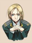  bangs blonde_hair blue_eyes dress_shirt epaulettes hands_clasped looking_at_viewer lowres military military_uniform natalia_poklonskaya necktie okayado own_hands_together parted_bangs real_life shirt simple_background smile solo uniform 