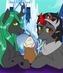  crown cute date duo equine female friendship_is_magic hair horn horse interspecies king king_sombra_(mlp) long_hair looking_at_viewer male mammal my_little_pony pony queen queen_chrysalis_(mlp) royalty shy slit_pupils smile straight unicorn unknown_artist 