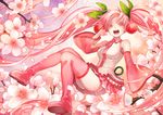 bad_id bad_pixiv_id boots cherry cherry_blossoms detached_sleeves food fruit hatsune_miku long_hair masa_ashe necktie open_mouth petals pink_eyes pink_footwear pink_hair sakura_miku skirt solo thigh_boots thighhighs twintails very_long_hair vocaloid 