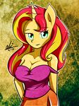  alkalizonian anthro anthrofied blonde_hair breasts cleavage clothed clothing equestria_girls equine female hair horn looking_at_viewer mammal my_little_pony portraid portrait red_hair shirt solo sunset_shimmer_(eg) two_tone_hair unicorn 