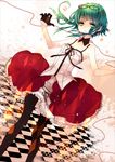  black_gloves black_legwear checkered checkered_floor eyewear_on_head frown glasses gloves green_eyes green_hair gumi highres naoto_(tulip) pantyhose red_string short_hair skirt solo string tank_top vocaloid 