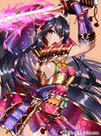  armor black_hair breasts character_request fighting_stance flaming_sword gauntlets holding holding_weapon horns japanese_armor junketsu_duelion large_breasts long_hair matarou_(genkai_toppa) open_mouth ponytail red_eyes samurai sideboob solo sword weapon 