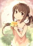  brown_eyes brown_hair dress flower highres kyuri original petals pink_dress ponytail smile solo spring_(season) sundress 