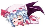 =_= bat_wings chibi closed_eyes dress fang hat kaiser2050101 lavender_hair lying messy_hair on_stomach open_mouth pink_dress puffy_sleeves remilia_scarlet short_hair solo touhou wings wristband 