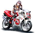  1girl absurdres biker_clothes bikesuit black_hair boots denryu07857 glasses ground_vehicle highres long_hair motor_vehicle motorcycle painttool_sai red_eyes 