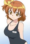  arms_behind_back bow breasts brown_eyes brown_hair cleavage eyelashes fresh_precure! hair_bow manji_(tenketsu) medium_breasts one-piece_swimsuit precure school_swimsuit side_ponytail smile solo swimsuit yamabuki_inori 