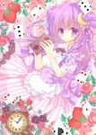  bad_id bad_pixiv_id black_bow blue_bow blush book bow breasts card clock crescent double_bun dress floral_background flower food fruit hair_bow hashimo_yuki holding holding_book layered_dress long_hair looking_at_viewer medium_breasts patchouli_knowledge pink_dress playing_card puffy_short_sleeves puffy_sleeves purple_bow purple_eyes roman_numerals sash short_sleeves solo strawberry striped striped_dress touhou 