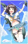  brown_hair cloud day green_panties hairband kantai_collection panties school_uniform short_hair sky smile solo tanikaze_(kantai_collection) turret ude underwear uniform 