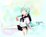  ahoge barefoot bottle_miku feet fish food green_eyes green_hair hatsune_miku liquid_hair long_hair low_twintails mkt open_mouth popsicle school_uniform serafuku sitting skirt soles solo spread_legs toes twintails very_long_hair vocaloid younger 