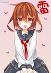  :d brown_hair character_name hair_ornament hairclip ikazuchi_(kantai_collection) kantai_collection long_sleeves open_mouth school_uniform serafuku short_hair skirt smile solo straddling twitter_username v-shaped_eyebrows yadapot 