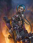 blue_hair braid breasts grin gun highres jinx_(league_of_legends) league_of_legends long_hair looking_at_viewer md5_mismatch pink_eyes sitting small_breasts smile solo speh twin_braids very_long_hair weapon 