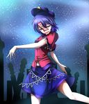  arm_behind_back blue_eyes blue_hair chinese_clothes colored_eyelashes eyebrows feet_out_of_frame hat highres leg_up looking_at_viewer miyako_yoshika night ofuda outdoors outstretched_arms saliva short_hair short_sleeves skirt sky solo standing standing_on_one_leg star star_(sky) starry_sky tatetsuki tombstone tongue tongue_out touhou zombie_pose 