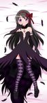  akemi_homura akuma_homura argyle argyle_legwear bare_shoulders bed black_gloves black_hair blush choker dress elbow_gloves feathers gloves hair_ribbon highres long_hair mahou_shoujo_madoka_magica mahou_shoujo_madoka_magica_movie purple_eyes ribbon shuruken_(yuumo) smile solo spoilers thighhighs very_long_hair 