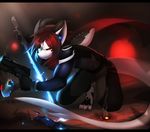  anthro clothing dragon electric glowing hair horn kanel looking_at_viewer male ranged_weapon red_eyes red_hair solo suit sword weapon white_skin 