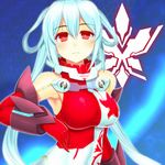  armpits asamura_hiori bare_shoulders blue_hair blush breasts colorized elbow_gloves emblem frown gloves innocent_one jewelry large_breasts leotard long_hair matoi_(pso2) neck_ring phantasy_star phantasy_star_online_2 red_eyes red_leotard silver_hair skin_tight solo spoilers upper_body very_long_hair white_leotard 