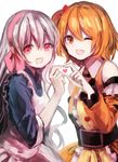  :d ;d blonde_hair dress heart heart_hands heart_hands_duo kagerou_project kisaragi_momo kozakura_marry long_hair multiple_girls nonoharak one_eye_closed open_mouth red_eyes side_ponytail silver_hair smile 