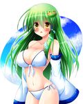  &gt;_&lt; :d bikini blush breasts cleavage closed_eyes detached_sleeves frog_hair_ornament front-tie_bikini front-tie_top green_hair hair_ornament highres kochiya_sanae large_breasts long_hair long_sleeves navel open_mouth osashin_(osada) shiny shiny_skin side-tie_bikini smile solo strap_gap sweatdrop swimsuit touhou white_bikini xd yellow_eyes 