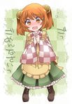  apron bell blush boots checkered checkered_background checkered_shirt commentary_request cross-laced_footwear hammer_(sunset_beach) jingle_bell looking_at_viewer motoori_kosuzu open_mouth orange_eyes orange_hair shirt short_hair skirt solo tears touhou translated two_side_up 