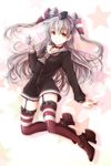  amatsukaze_(kantai_collection) brown_eyes dress garter_straps kantai_collection long_hair long_sleeves looking_at_viewer sailor_dress short_dress silver_hair simple_background solo star striped striped_legwear thighhighs two_side_up x_na zettai_ryouiki 
