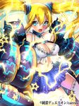  blonde_hair blue_eyes blue_skirt blush breasts character_request cleavage electricity fighting_stance junketsu_duelion large_breasts lightning long_hair matarou_(genkai_toppa) mechanical_arms navel open_mouth skirt solo symbol-shaped_pupils thighhighs twintails white_legwear 