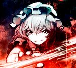  bad_id bad_pixiv_id eruza fangs hat looking_at_viewer mob_cap outstretched_arm remilia_scarlet silver_hair solo spear_the_gungnir touhou upper_body 