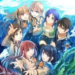  4girls aki_(neyuki41028) black_hair blonde_hair blue_eyes blue_hair brown_eyes brown_hair coral fish hair_rings hiradaira_chisaki hisanuma_sayu isaki_kaname kihara_tsumugu long_hair mukaido_manaka multiple_boys multiple_girls nagi_no_asukara one_eye_closed sakishima_hikari school_uniform sea_slug seaweed shiodome_miuna short_hair twintails underwater 