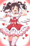 ;d \m/ black_hair bow choker clearite dress earrings gloves hair_ribbon highres jewelry love_live! love_live!_school_idol_project microphone one_eye_closed open_mouth pink_legwear red_dress red_eyes ribbon short_hair smile solo striped striped_legwear thighhighs twintails vertical-striped_legwear vertical_stripes white_gloves yazawa_nico 