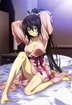  absurdres arms_behind_head barefoot black_hair blue_eyes blush bow breasts cleavage feet hair_bow highres infinite_stratos japanese_clothes large_breasts legs long_hair non-web_source nyantype official_art ponytail shinonono_houki very_long_hair 