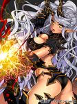  ass black_panties bow_(weapon) breasts character_request cleavage earrings electricity fighting_stance gauntlets grey_hair holding holding_weapon horns jewelry junketsu_duelion large_breasts long_hair matarou_(genkai_toppa) open_mouth panties pointy_ears solo underwear weapon yellow_eyes 