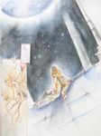  1girl aino_minako bishoujo_senshi_sailor_moon blonde_hair bow comic doujinshi hair_bow hand_on_another's_cheek hand_on_another's_face highres indoors kneeling kunzite_(sailor_moon) long_hair nijinohouseki sailor_venus traditional_media watercolor_(medium) 