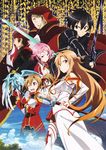  3girls ;d absurdres armor asuna_(sao) bare_shoulders black_hair blue_sky breastplate brown_hair cloak cowboy_shot dragon elbow_gloves flying gloves grey_hair half_updo heathcliff highres holding holding_sword holding_weapon hood hooded_cloak kirito klein lisbeth long_hair looking_at_viewer monster multiple_boys multiple_girls official_art one_eye_closed open_mouth pina_(sao) pink_hair red_eyes red_hair round_teeth serious short_hair silica sky smile standing sword sword_art_online teeth weapon white_gloves 