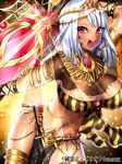  blush breasts character_request earrings egyptian holding holding_weapon jewelry junketsu_duelion large_breasts long_hair matarou_(genkai_toppa) navel necklace open_mouth red_eyes smile solo sword tiara weapon white_hair 