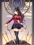  black_legwear blue_eyes brown_hair fate/stay_night fate_(series) field_of_blades hair_ribbon highres jewelry kiko_(soumakiko) long_hair necklace planted_sword planted_weapon ribbon solo sword thighhighs toosaka_rin two_side_up weapon 