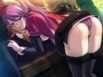  1girl areolae ass black_legwear blush breasts censored character_request demonion demonion_ii:_maou_to_sannin_no_joou fellatio from_behind game_cg glasses hand_on_head highres legs licking long_hair m&amp;m nipples oral panties penis penis_on_face pink_eyes pink_hair sitting small_breasts thighs underwear 